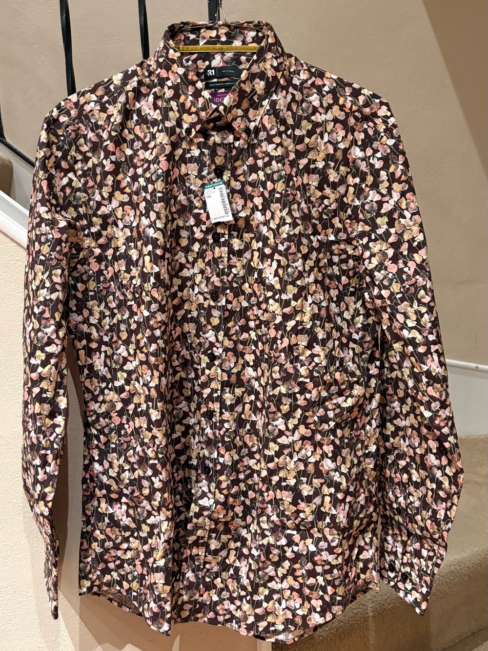 Simons Brown Floral Long-Sleeve Button-Down Shirt with Pink Accents